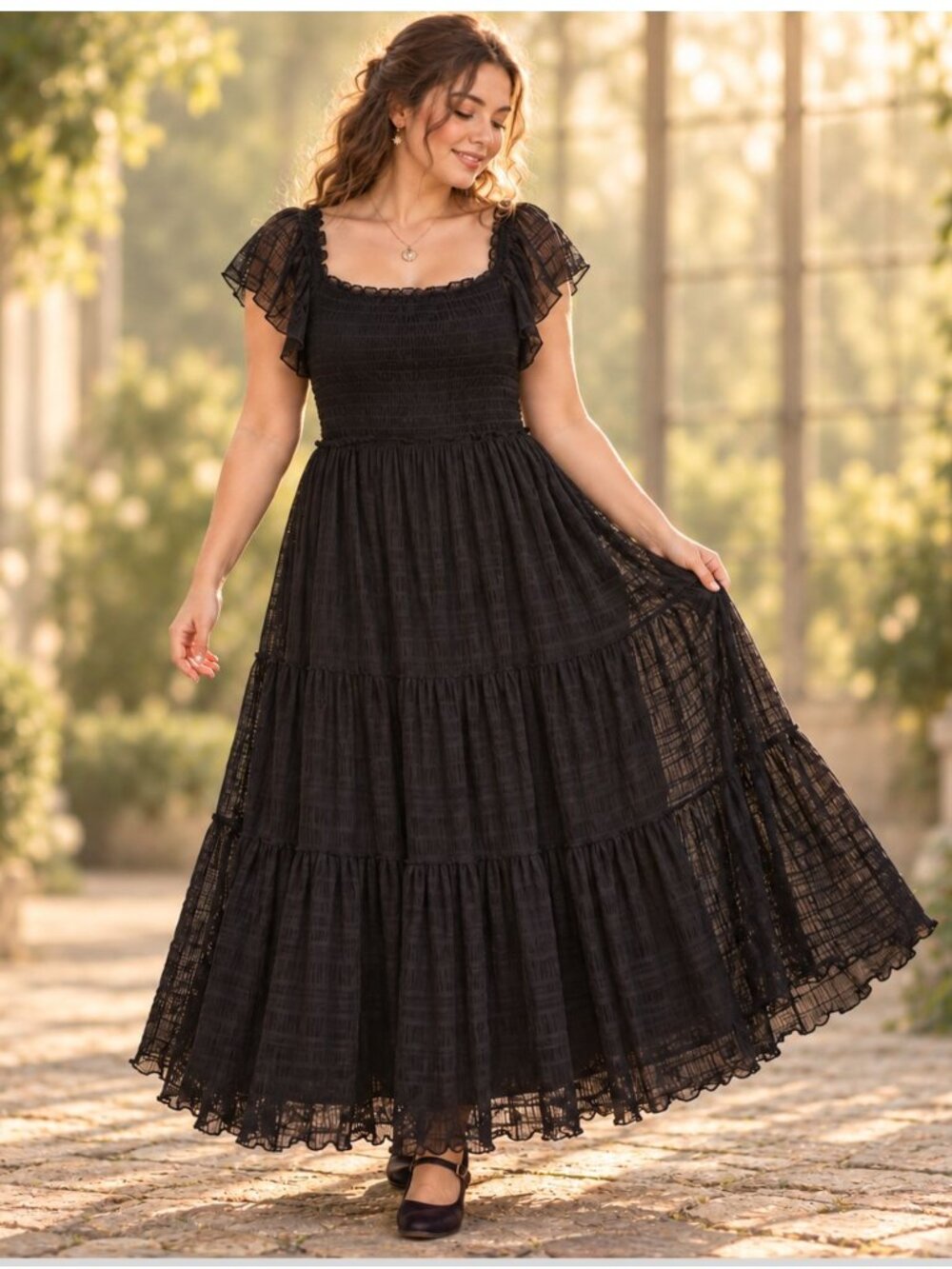 Max Studio Womens XL Black Whimsygoth Smocked Lace Maxi Dress Flutter Sleeve